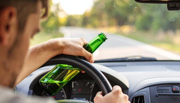 The drunk man fell asleep at the wheel while still holding a beer bottle in his hand