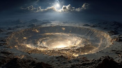 Alien Impact Crater on a Distant Planet Illuminated by Distant Stars and Nebula Glow