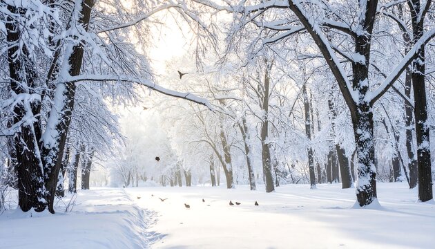 A snow-covered path winds through a winter forest with trees laden in white. Birds fly and perch amongst the branches