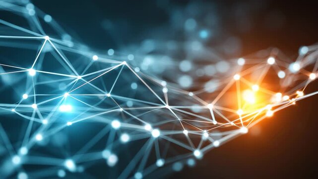 Connecting ideas and innovations through a network template for science and technology presentations featuring dynamic lines and glowing nodes