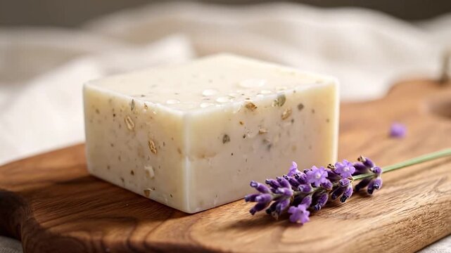 Aromatic bar of oatmeal soap rests on a wooden board with lavender sprigs