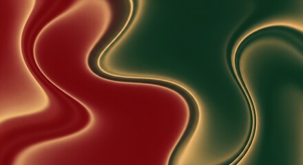 Naklejka premium Abstract flowing liquid waves in red and green colors with golden outlines creating a festive and luxury holiday season background.