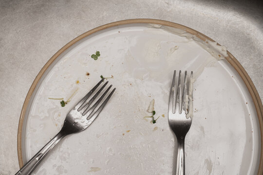 Empty plate with forks and food remnants