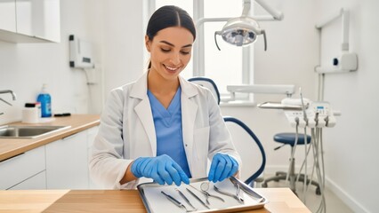 Fototapeta premium Dentist in blue scrubs and white coat examining dental tools on a tray in a modern dental office.