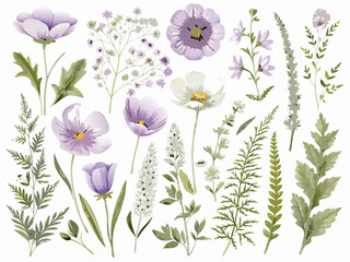 A watercolor collection of delicate purple and white wildflowers and foliage