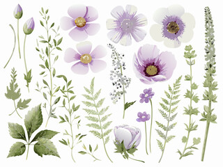 Watercolor floral arrangement featuring delicate purple flowers and vibrant green foliage