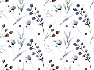 Watercolor floral pattern with delicate blue white and burgundy botanical elements