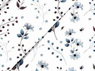 Delicate watercolor floral pattern with blue blossoms and dark berry accents