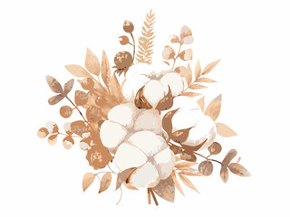 Watercolor arrangement of cotton blooms dried grasses and botanical elements