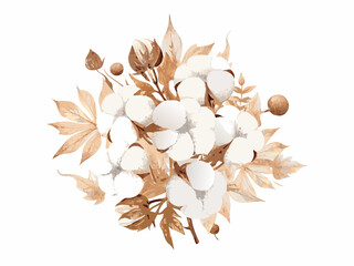 A watercolor illustration of cotton plant stems and fluffy white bolls