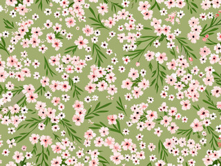 Delicate floral pattern with small pink and white blossoms on a green background