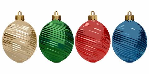 A collection of four colorful striped christmas ornaments displayed in a row