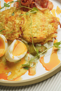 Hash Browns with Soft-Boiled Eggs, Bacon, and Pickles