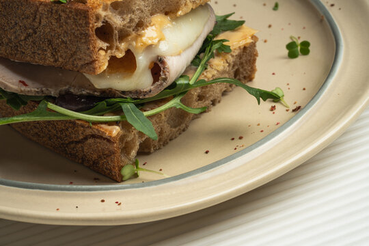 Gourmet Sandwich with Cheese, Arugula, and Meat
