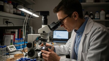 A scientist in a lab coat examines a sample under a microscope in a laboratory setting with various