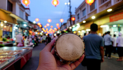 Hand holding drum with blurred night festival lanterns