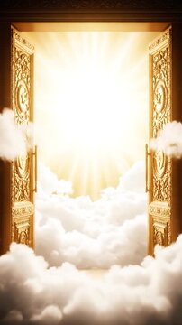 Ornate golden doors open to reveal a bright, cloud-filled sky