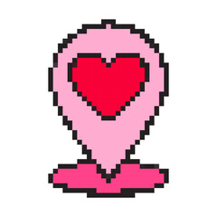Fototapeta premium Pixel art location pin icon with red heart. Retro 8-bit romantic meeting point symbol for Valentine Day. Colorful pixelated map marker vector illustration isolated on white.