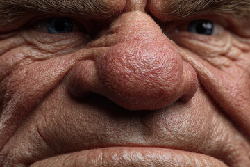 Close-up of textured mature man's face with prominent nose and wrinkled skin