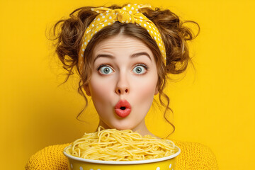 Young woman surprised with bowl of spaghetti against a yellow background