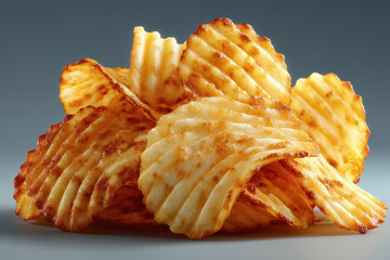 Close-up of crispy rippled potato chips against grey background