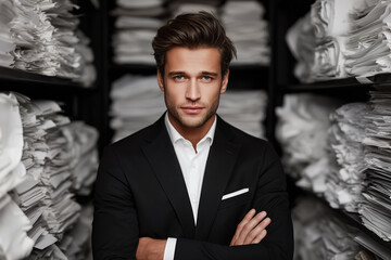 Confident young man in black suit standing in archival room with stacks of papers
