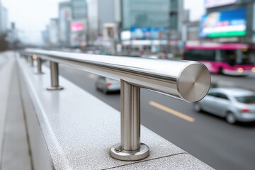 Stainless steel railing overlooking busy urban street with cars