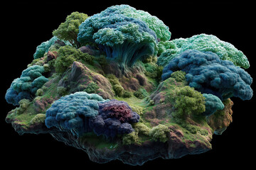 Surreal floating island with colorful trees and lush greenery