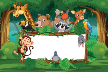 Fotobehang Kids Jungle Animals Surrounding Blank Wooden Sign in Forest  © GraphicsRF