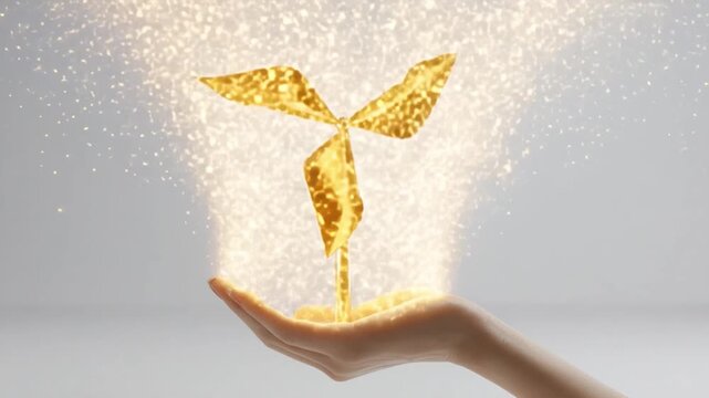 Nurturing Growth: A hand cradles a golden sprout, symbolizing growth, innovation, and environmental consciousness, against a soft, luminous background.