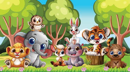 Cute Baby Animals Gathering in Cartoon Forest Scene