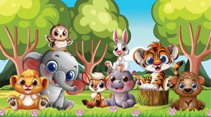 Fotobehang Kids Cute Baby Animals Gathering in Cartoon Forest Scene  © GraphicsRF
