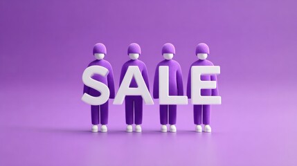Four bright purple faceless mannequins standing in a row, each displaying a bold white letter spelling S A L E against a vibrant purple backdrop