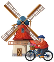 Fotobehang Kids Elderly Man Cycling Past Traditional Windmill with Flowers  © GraphicsRF
