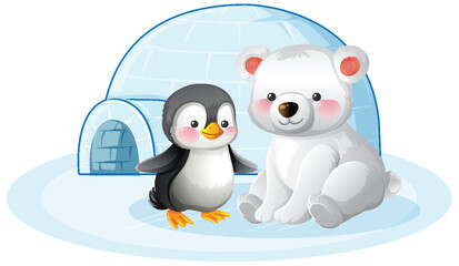 Cartoon Penguin and Polar Bear Sitting by Igloo