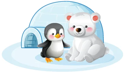Fotobehang Kids Cartoon Penguin and Polar Bear Sitting by Igloo  © GraphicsRF
