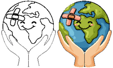 Smiling Earth with Bandage Held in Caring Hands