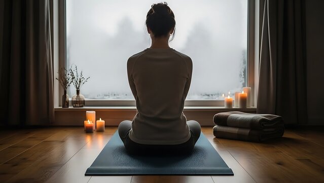 Woman meditating on yoga mat beside window with candles and serene atmosphere in peaceful room interior
