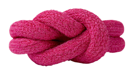 Pink knitted rope forming a complex knot, symbolizing connection, strength, and security on transparent background