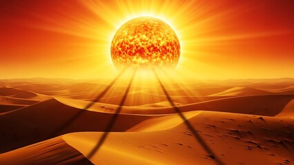 Desert landscape under a brilliant sun with light rays and sand dunes