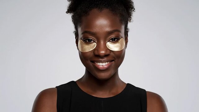 Woman with dark skin and curly hair smiles, wearing golden under-eye patches