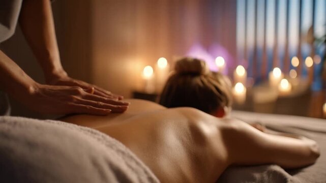 Serene Spa Experience: A woman, basking in the tranquil embrace of a professional massage, her bare back gently massaged, amidst the soft glow of candlelight and the promise of utter relaxation.