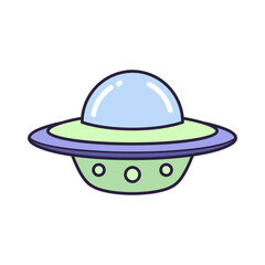 Fototapeta premium Cute cartoon UFO flying saucer with lights, light blue dome, green base, isolated on white