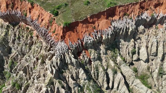 Detailed drone flight past the sharp eroded ridges of Miradouro da Lua (Viewpoint of the Moon) in Belas Municipality, Luanda Province, Angola, Africa