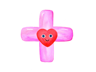 Watercolor Pink Cross with Cute Heart. Medicine and Love Concept. Isolated on White.