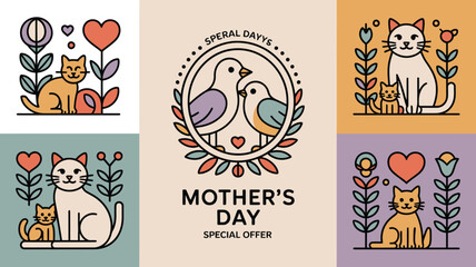 Fototapeta premium Vibrant line illustrations celebrate Mothers Day with loving cat families and sweet bird symbols