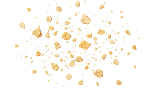 Scattered Golden Brown Cookie Crumbles Isolated on White Background