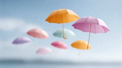 Colourful umbrellas in soft pastel shades suspended overhead, creating a whimsical atmosphere against a serene blue sky with generous copy space