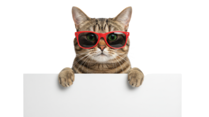 Tabby Cat Wearing Red Sunglasses Holding Blank White Sign