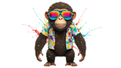Cute Cartoon Monkey Wearing Colorful Hawaiian Shirt and Rainbow Sunglasses